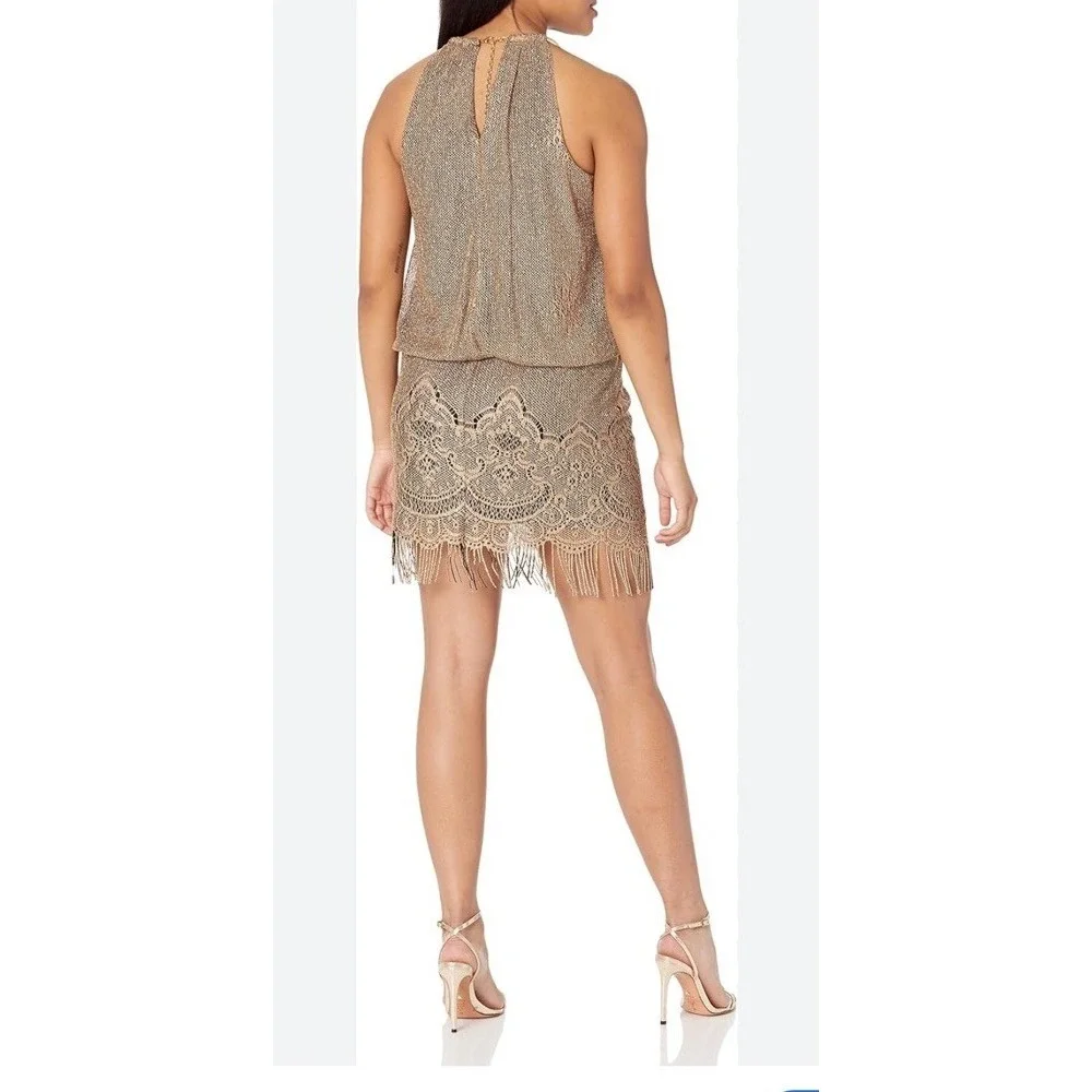 S.L. FASHIONS Women's Blouson  Halter Crochet Dress Flapper Fringe Sz 6 Gold NEW